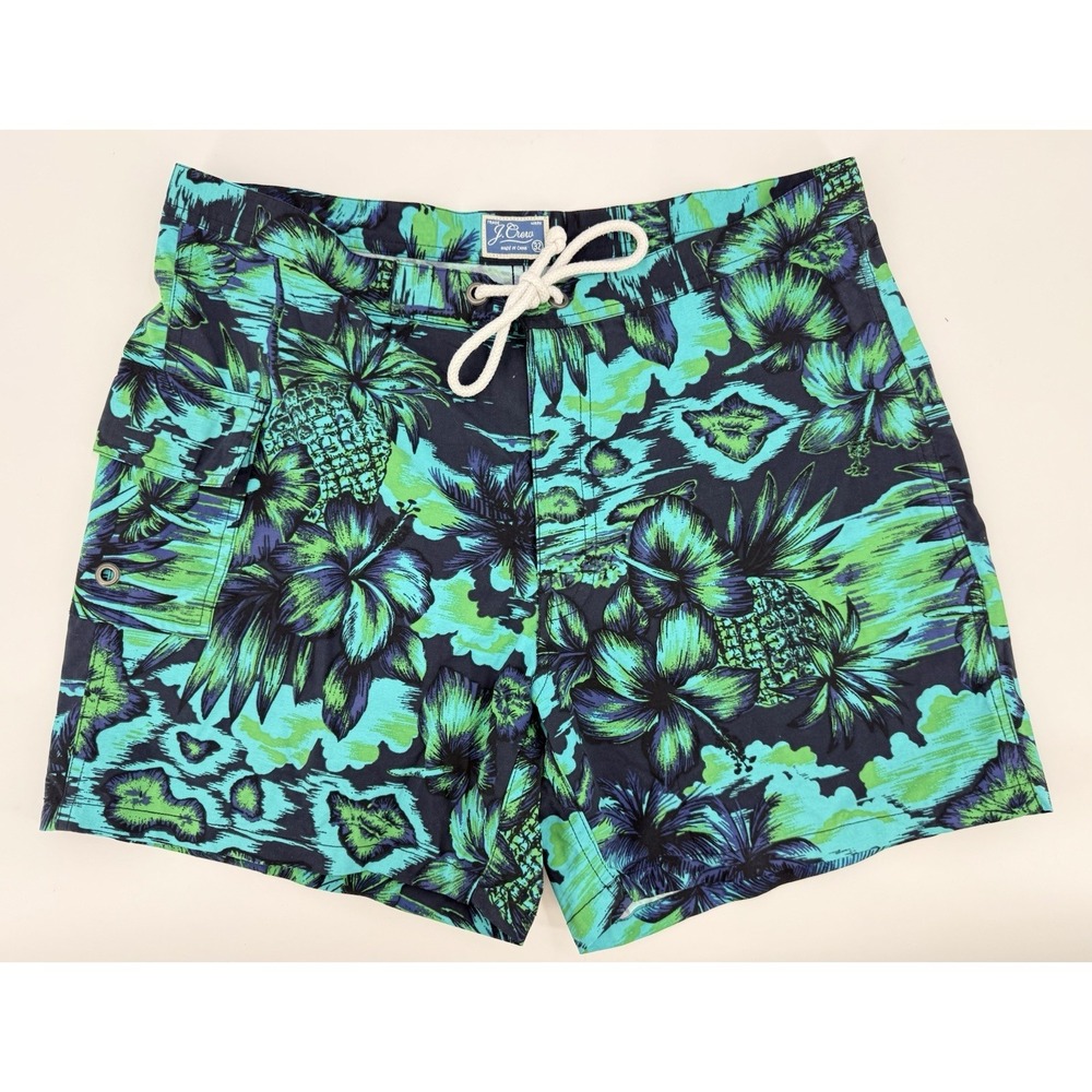 J. Crew Hawaiian Blue & Green Tropical Print Swim Trunks Men's Size 32 5.75 " IS